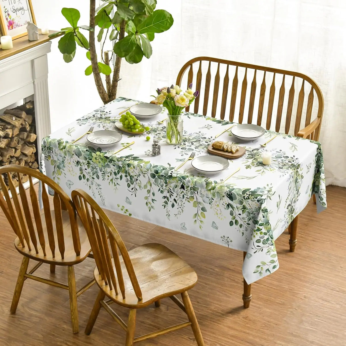 nappe table feuilles vert printemps moderne rectangle maison 140x140cm blanc verte