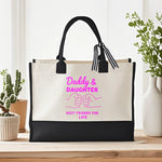 sac main toile beige noir imprimé daddy daughter best friends rose noeud poignées réutilisable