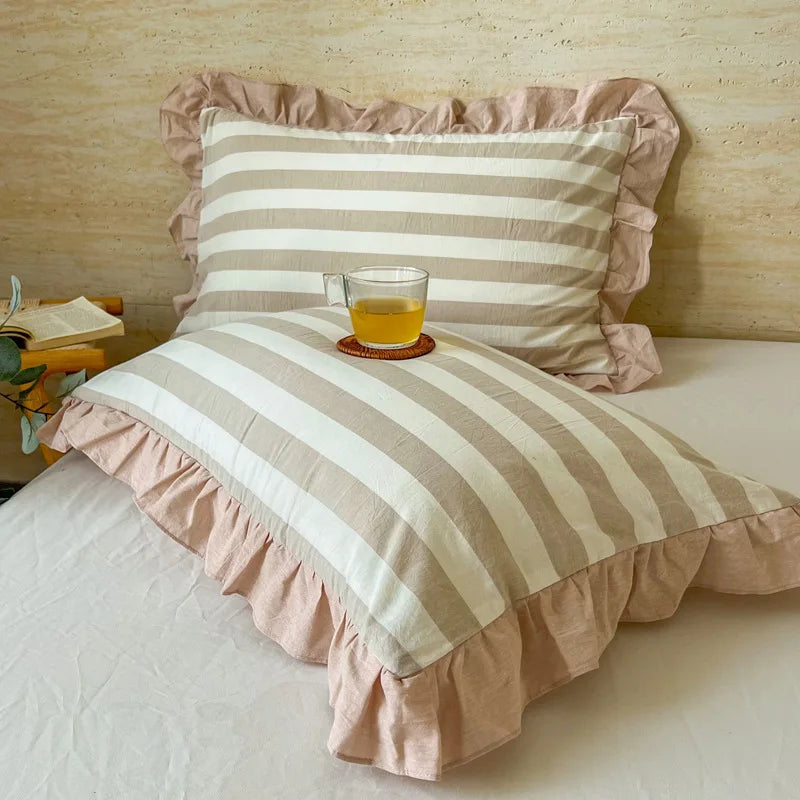 taie d'oreiller coton délavé rayures horizontales vintage doux lit maison décorative