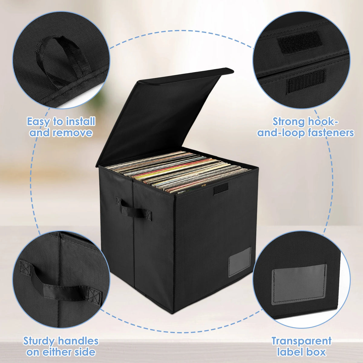 boîtes rangement vinyles moderne 33cm pièces noir poignées fermeture scratch respectueux environnement