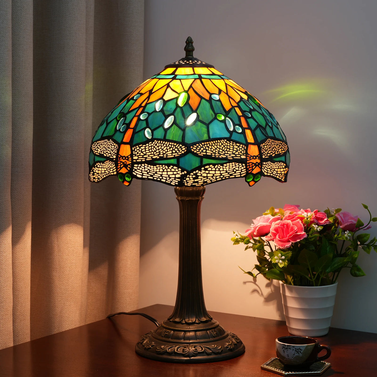 lampe table tiffany libellules vert bleu jaune tissage verre dépoli interrupteur alliage opacité 48cm