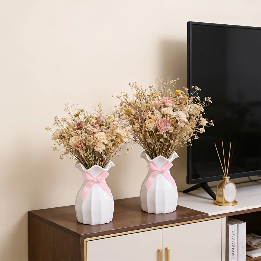 vase decoratif moderne texturé ondulé fleurs artificiels rubans rose salon