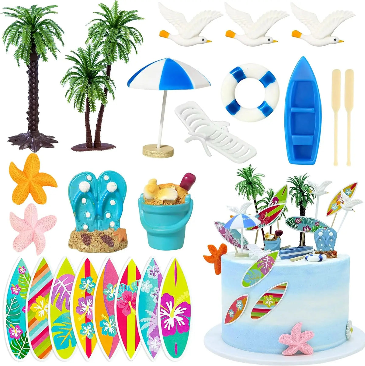 accessoires gâteau plage palmiers oiseaux parasol bouées sandales étoiles mer planches surf clips multicolores