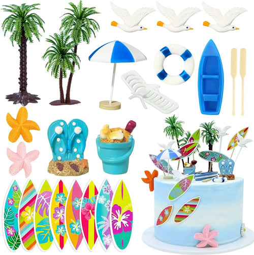 accessoires gâteau plage palmiers oiseaux parasol bouées sandales étoiles mer planches surf clips multicolores