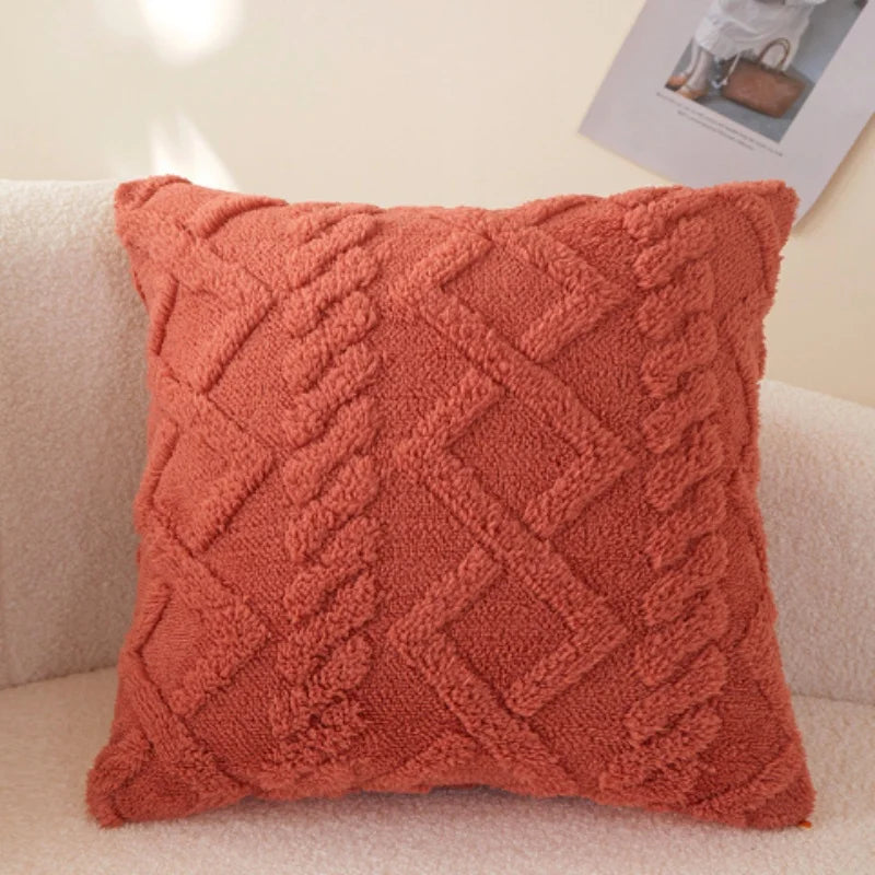 taies oreiller peluche jacquard géométrique couleurs rose beige bleu moderne salon chambre lit