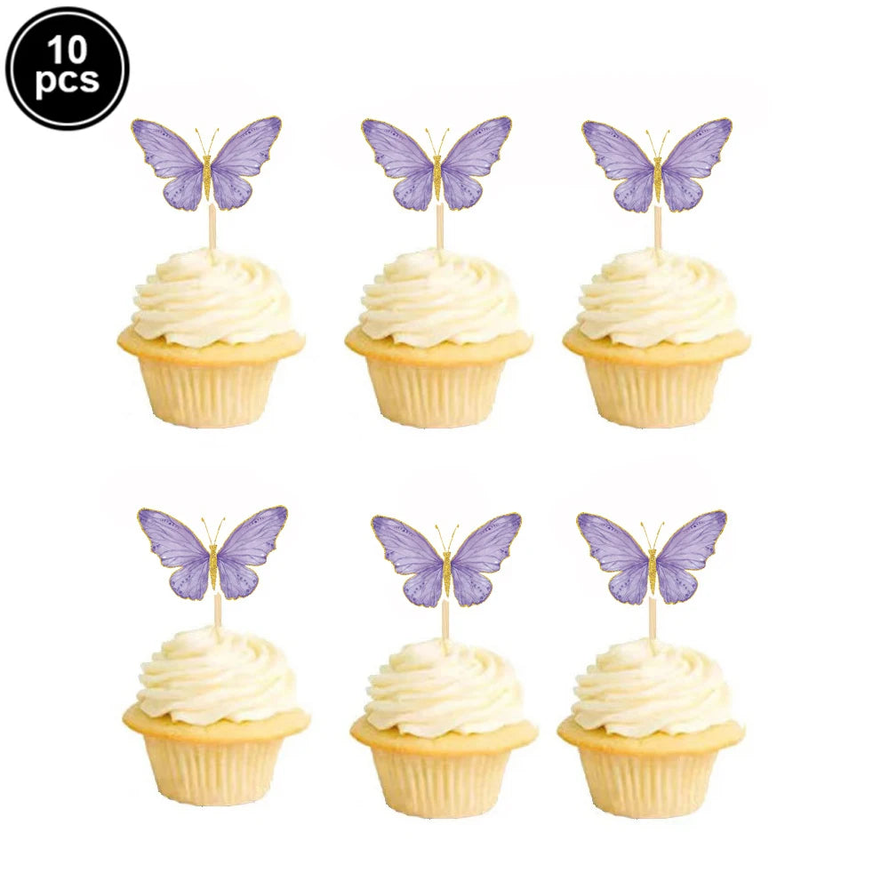 décoration gâteau papillons fleurs rose violet blanc doré piquet anniversaire mariage fête enfants