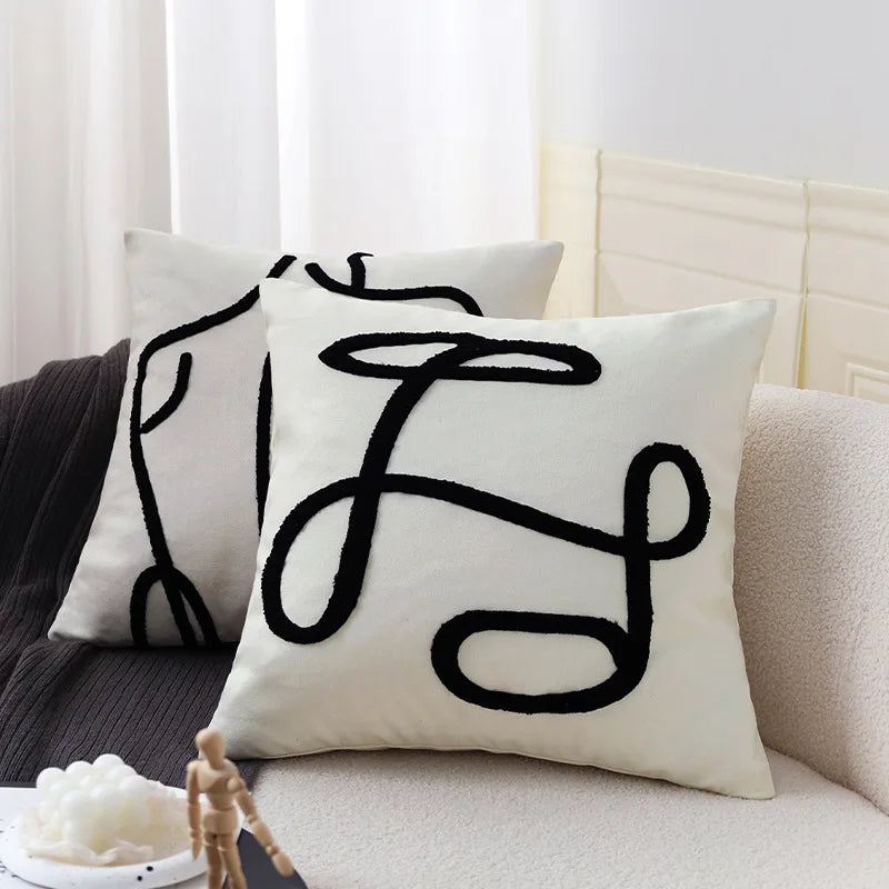 housse coussin brodé motif géométrique moderne coton blanc décoration intérieure carreau 45x45cm opaquet fixations