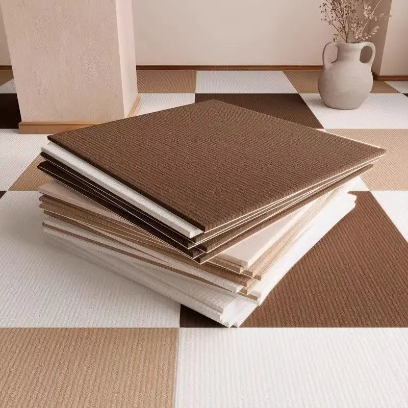 tapis sol carré adhésif rayures beige marron décoratif moderne salon chambre maison intérieur