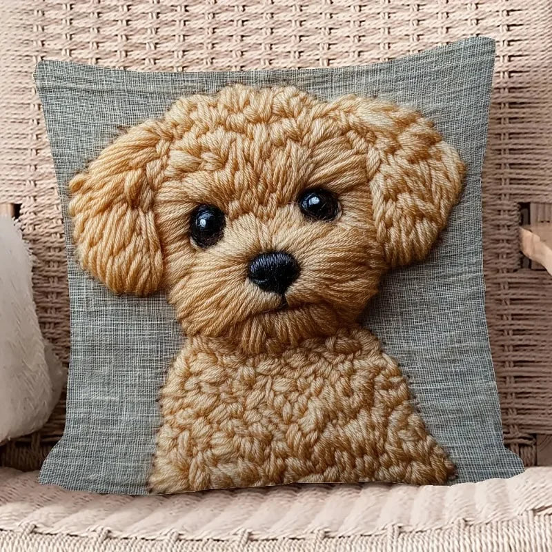 housse coussin imprimé chien mignon beige gris décorative maison lit polyester peachskin
