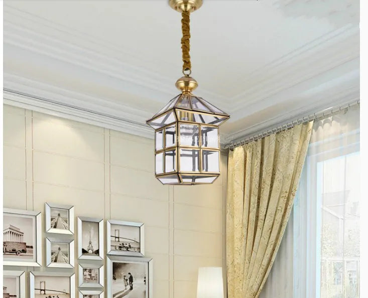 lampe suspendue or transparent carreaux verre structure géométrique moderne vintage corde torsadée chambre salon