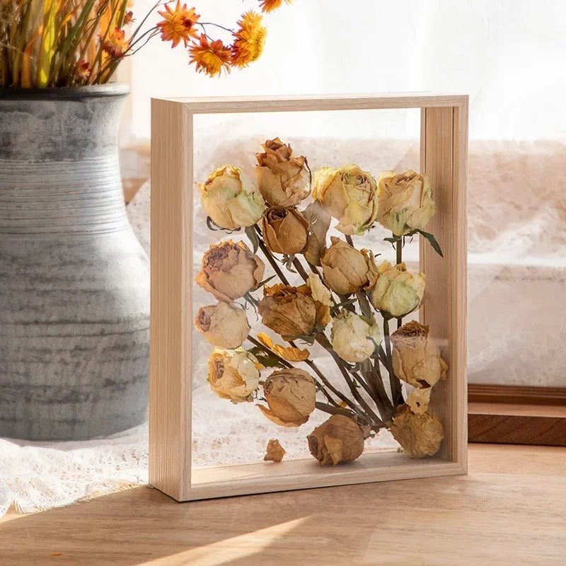 cadre bois moderne fleurs séchées transparent verre beige brun inch đen