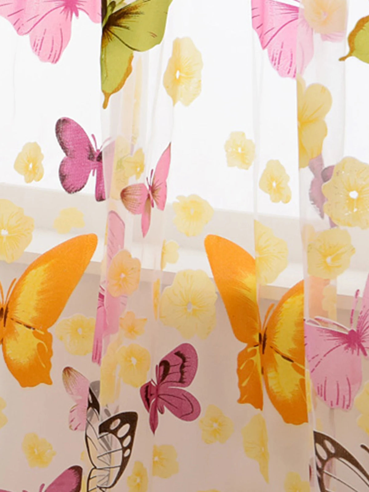 rideau moderne transparent papillons colorés salon polyester inclusion blanc jaune rose vert noir
