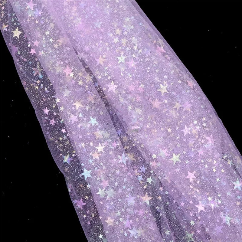 tissu translucide étoiles dorées paillettes violet vert bleu rouge rose blanc décoration événementiel bricolage