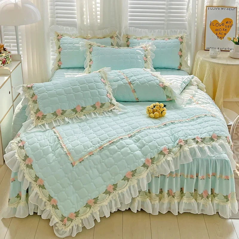 housse couette coton rose dentelle fleurs romantique blancs deux taies oreillers drap lit volants