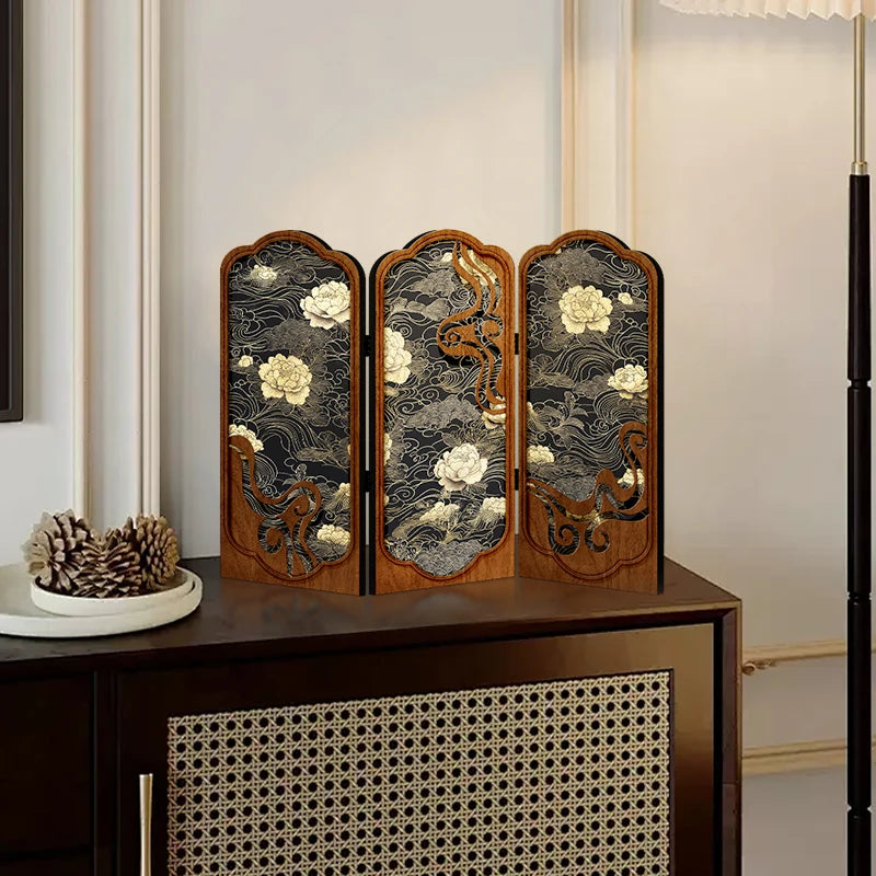 paravent vintage fleurs blanches noires motifs floraux artisanal doré salon chambre étude