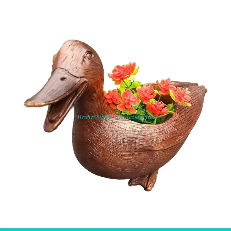 pots résine canard marron plante verte rouge fleurs artificielles feuilles rayées tableaux tropicaux