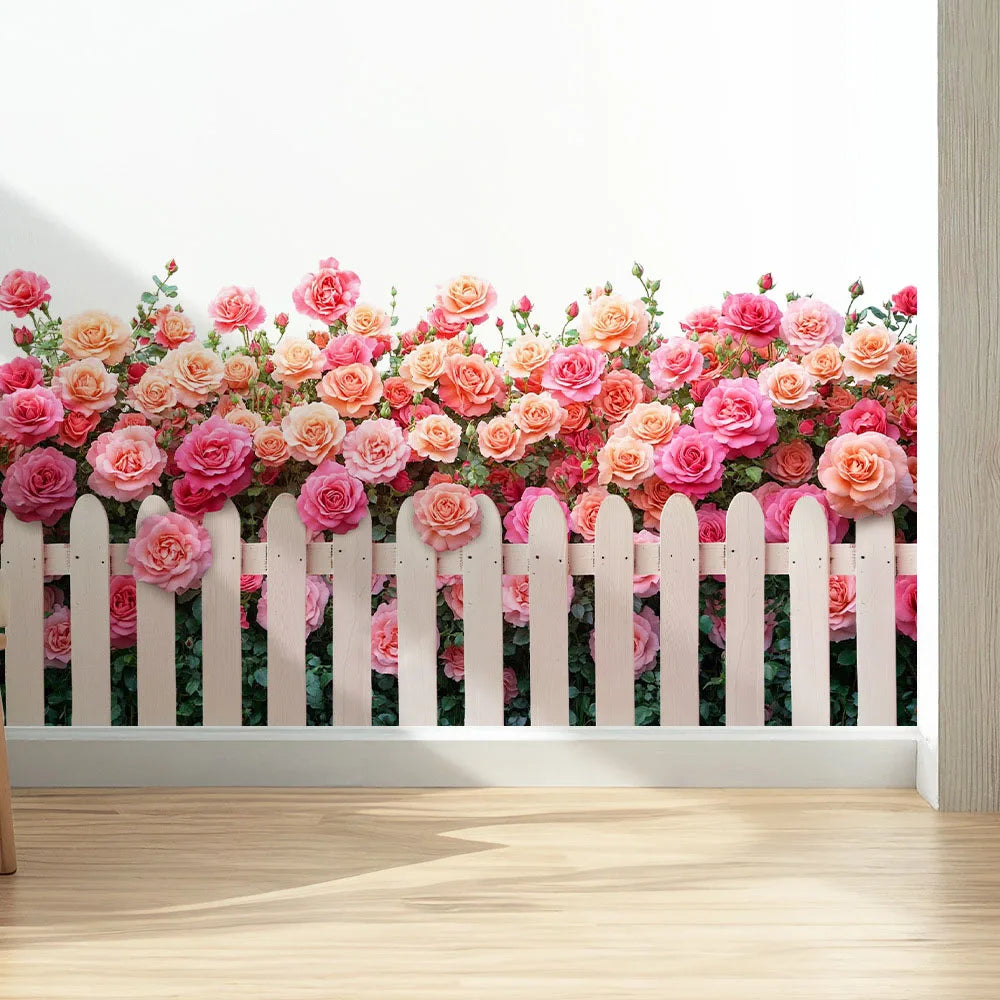 décoration murale sticker floral rose feuillage clôture verte jardin romantique moderne 30x60cm