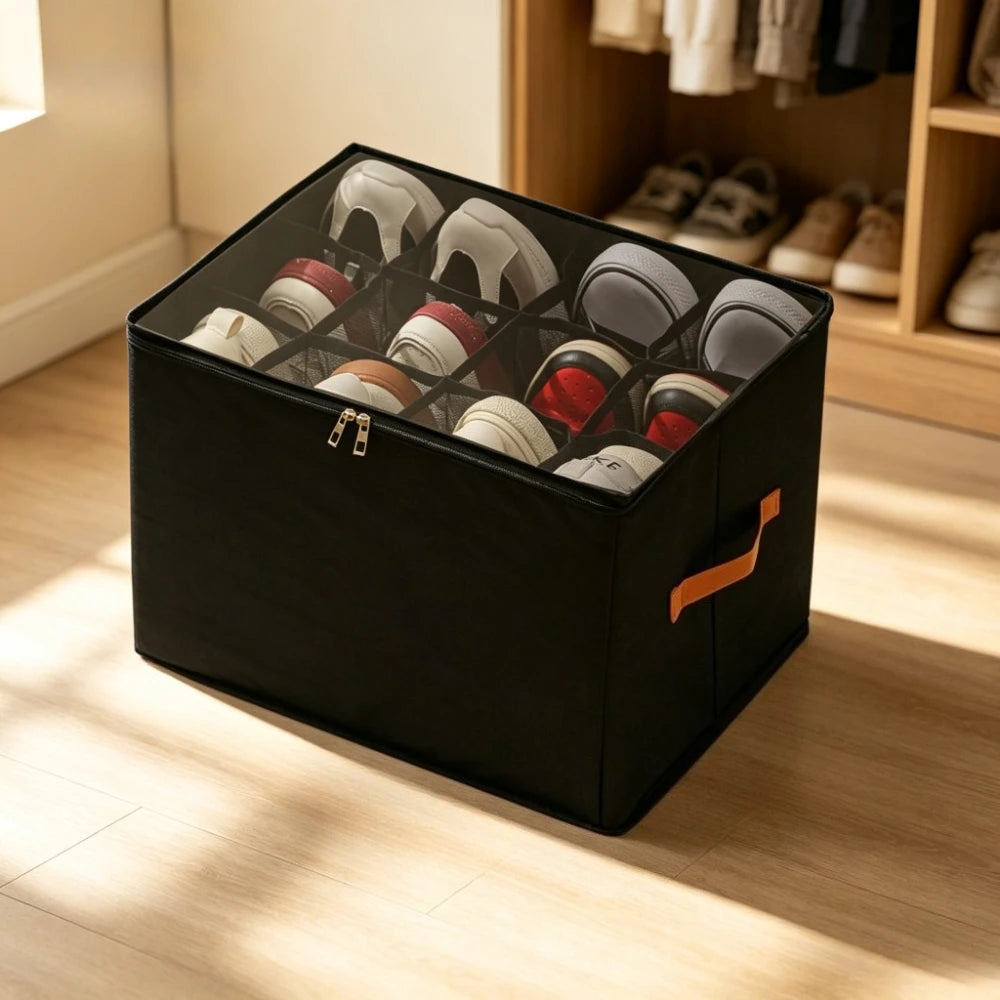 boîte rangement chaussures noire tissu non tissé moderne poignées orange 12 compartiments pliable