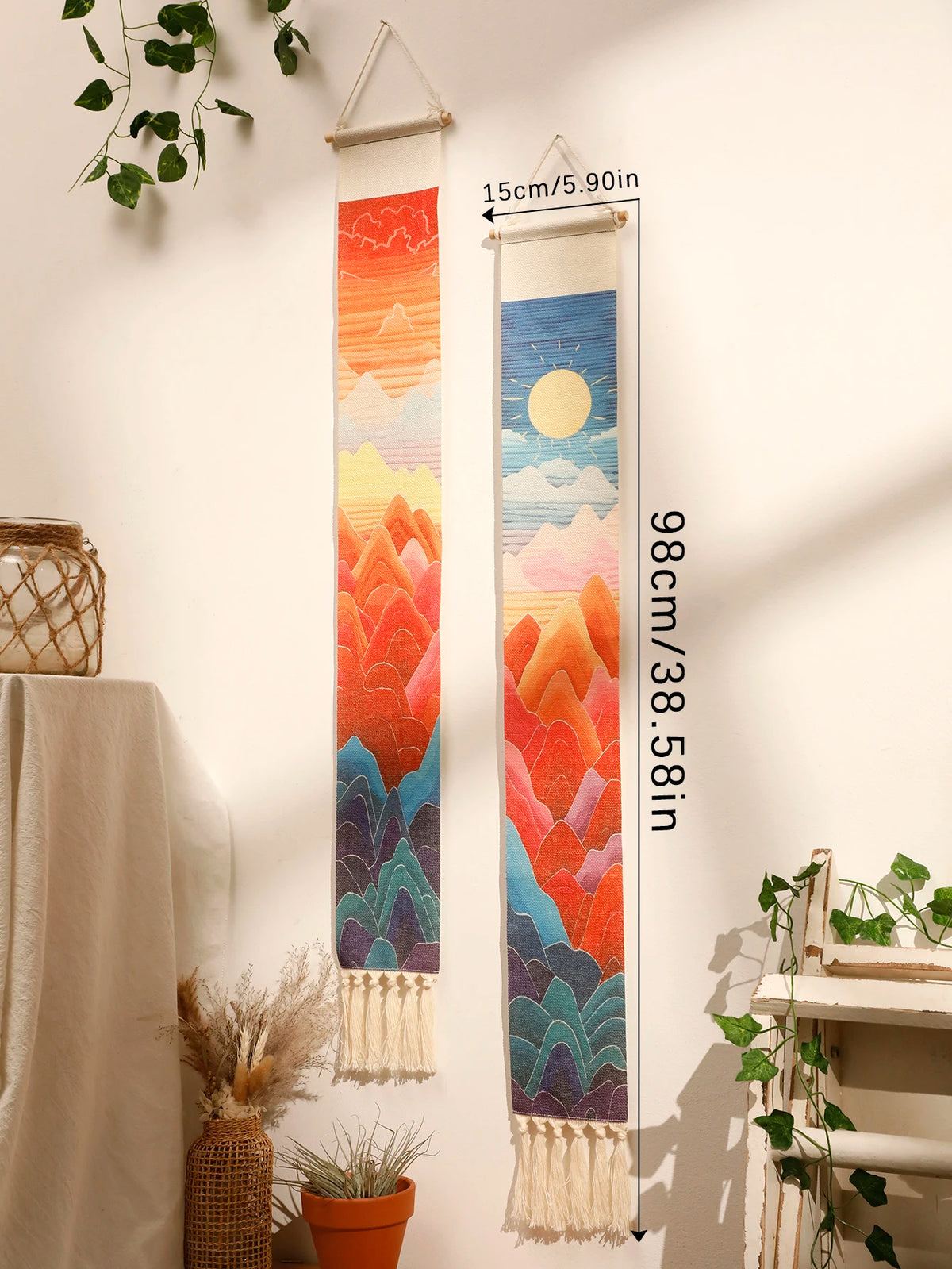 tapisserie murale macramé paysage soleil nuages géométrique bohème moderne salon chambre