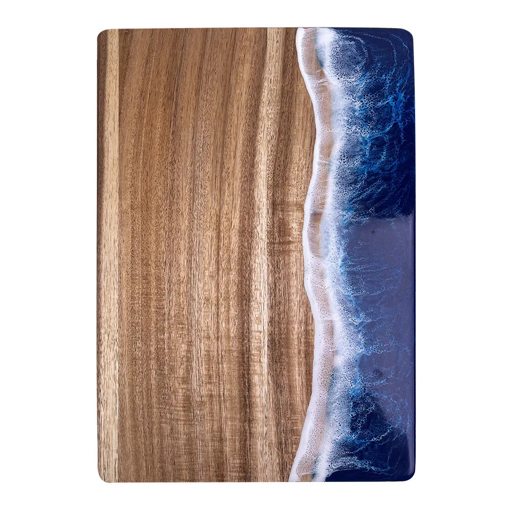 planches découper bois naturel bleu résine artisanale modernes cuillère couteau fourchette citron cerises épices