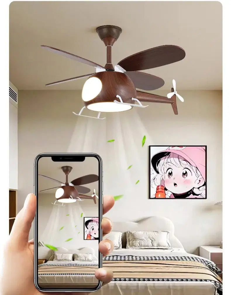 ventilateur intelligent enfants bois lumières led hélicoptère moderne télécommande