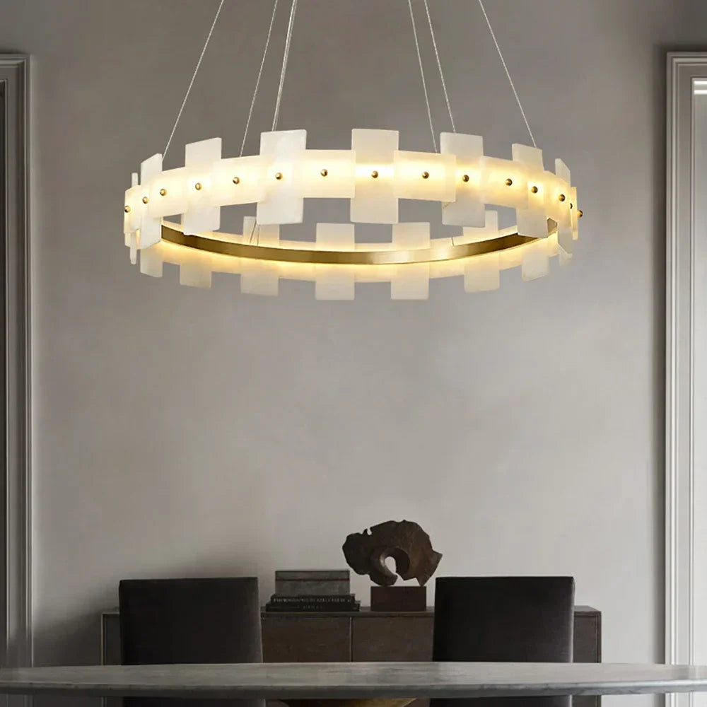 suspension lumineuse moderne blanche dorée veines carrées cuivre salon restaurant