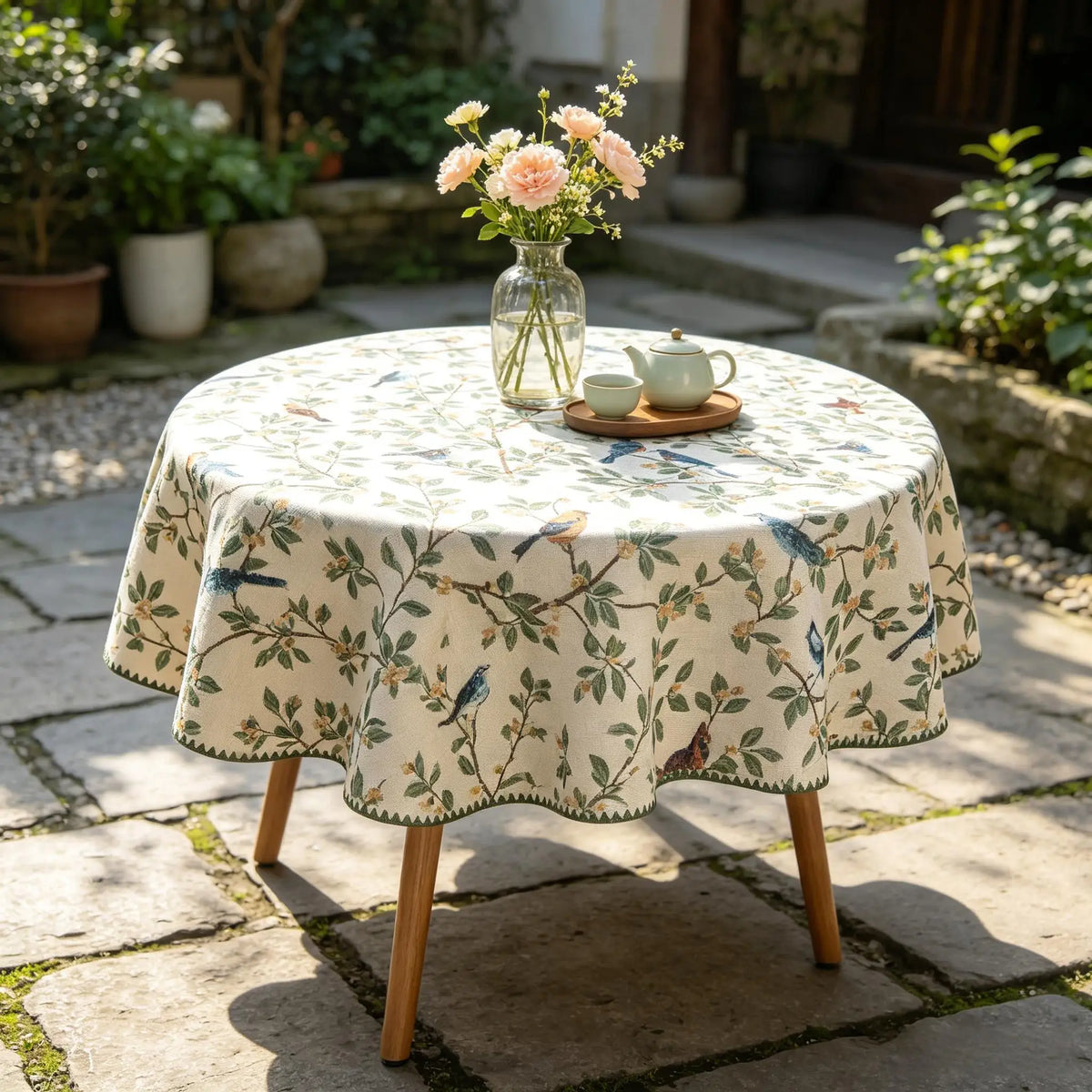 nappe table motif floral oiseaux classique beige clair vert bleu rustiqueversible machine