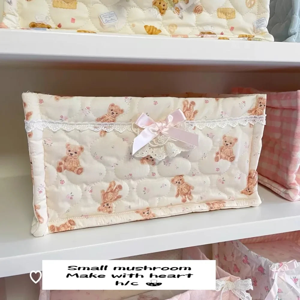 paniers rangement coton pois carreaux rayures ours rose clair blanc bleu clair beige texturé