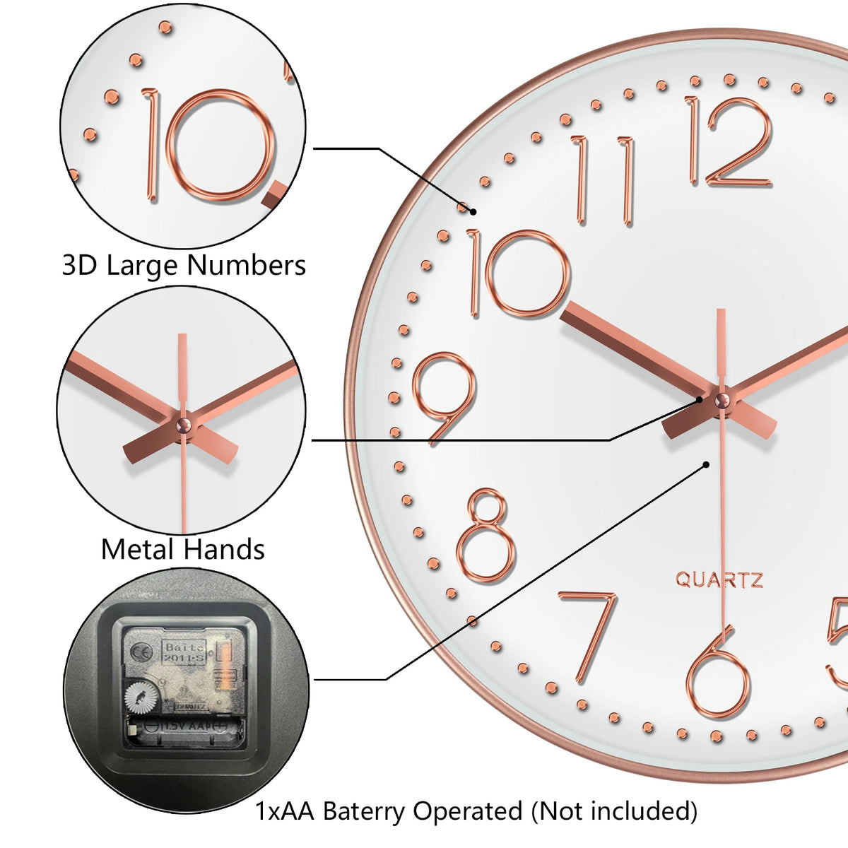 horloge murale moderne quartz aiguille cadran blanc cadre doré numeros 3d relief 10 12