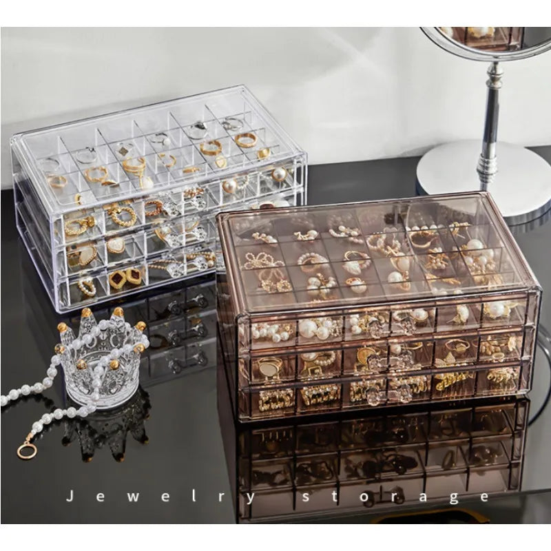 Boîte à bijoux transparente grande capacité avec tiroirs jaune - Vue de dessus montrant les compartiments