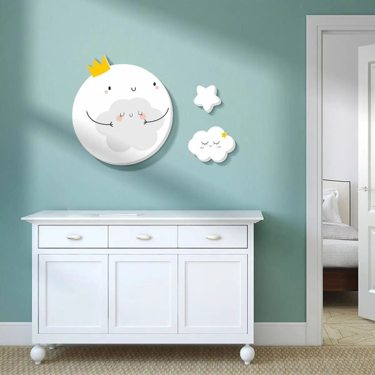 décoration murale enfant lune nuages étoiles adhésif pvc blanc rose verte