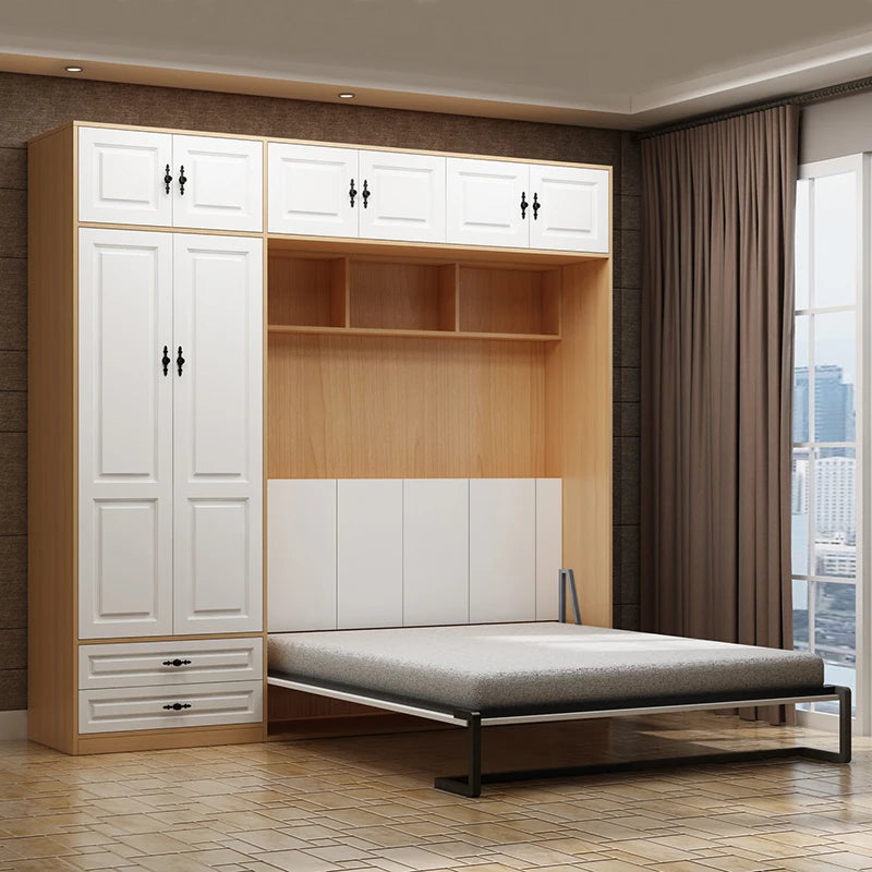 lit armoire combi blanc moderne tiroirs rangement tête lit minimaliste chambre bois clair