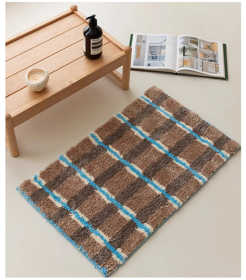 tapis rayé polyester bleu clair moderne marron blanc salon chambre doux 40x60cm