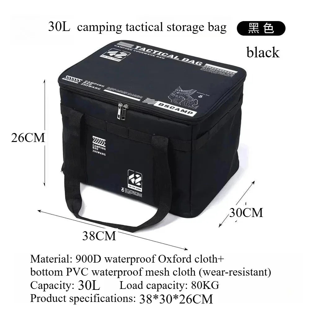 sac rangement camping vert olive imprimé militaire 30L étanche boucles métalliques assiettes couvercles bouteille