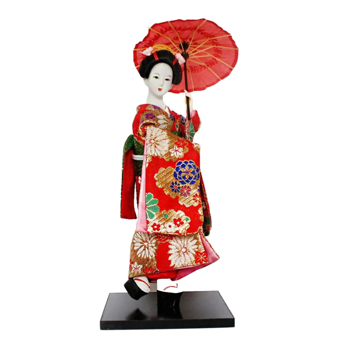 poupée japonaise geisha argile broderie florale motifs géométriques accessoires traditionnels blanc rouge vert bleu