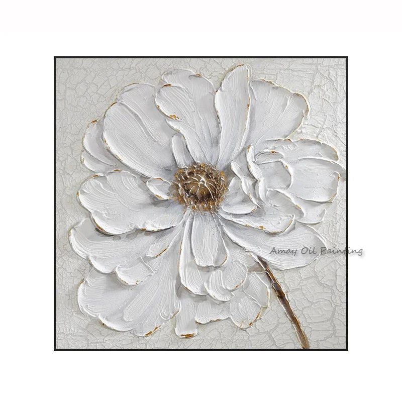 tableau abstrait moderne fleurs blanches peinture huile toile carré blanc doré 50x50cm 60x60cm 70x70cm