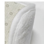 Cette image montre un gros plan détaillé d'un tissu blanc doux et moelleux orné de petits motifs.