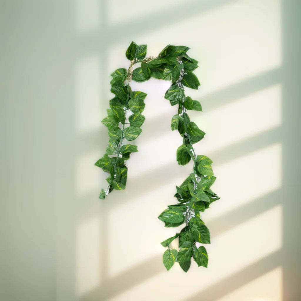 Guirlande de feuilles de lierre artificielles vert menthe sur mur blanc