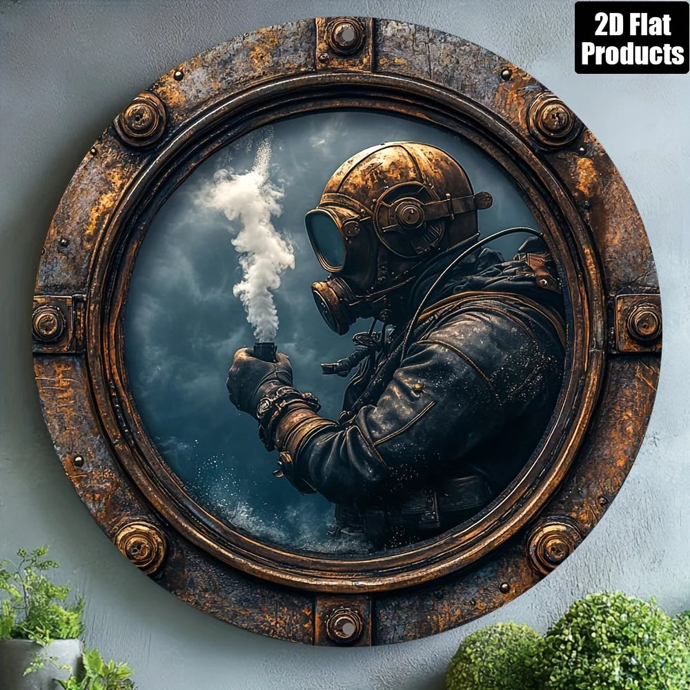 tableau mural métallique vintage steampunk plongeur marron noir bleu blanc texturé opaque réaliste