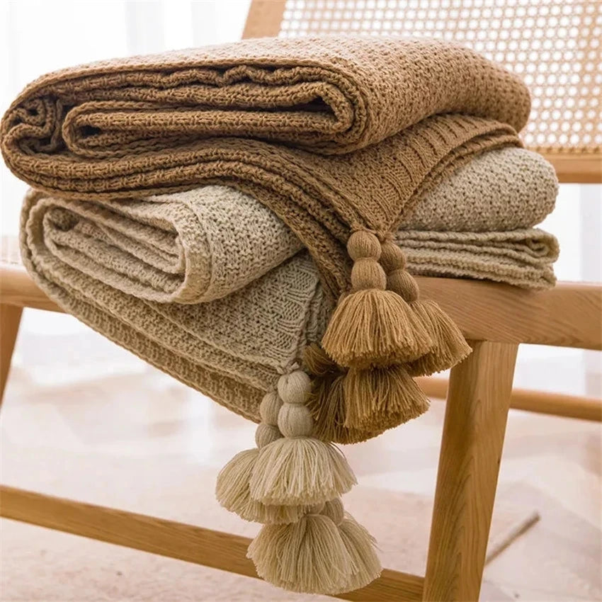 couverture tricotée pompons lit canapé coton bambou douce grande taille unie