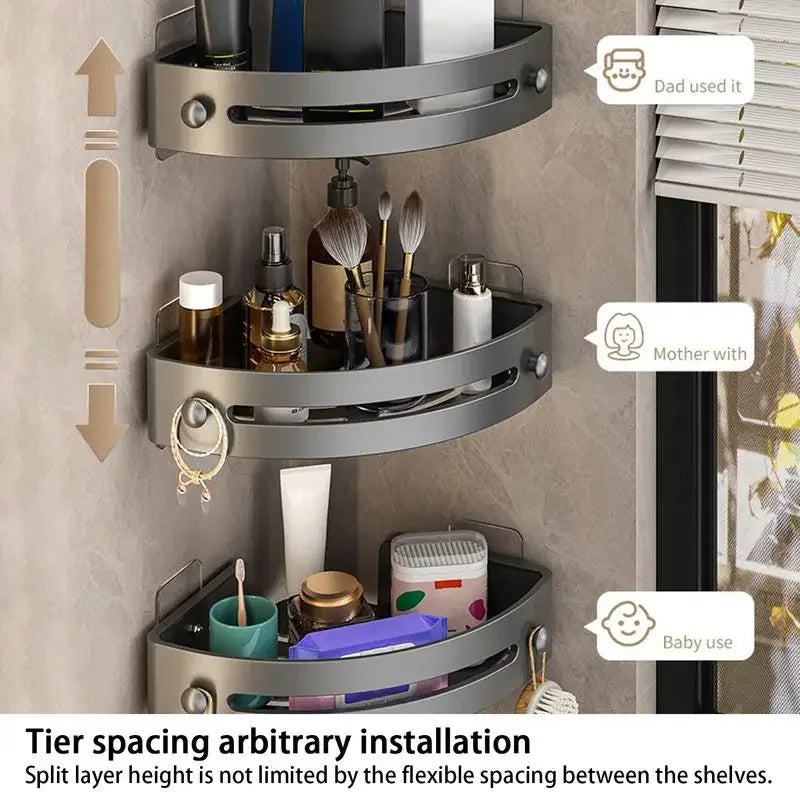 étagère murale triangulaire salle bain gris métal crochets rangement douche moderne autocollante