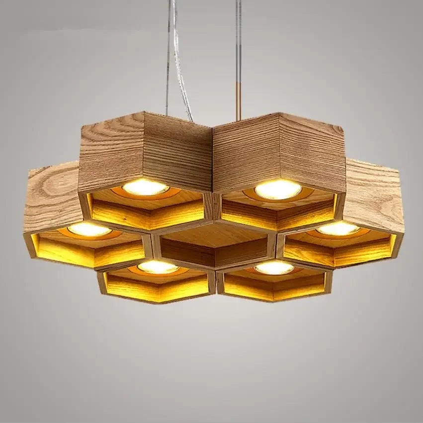 lustre suspendu bois clair hexagonal modernes ampoules led salon chambrehôtel
