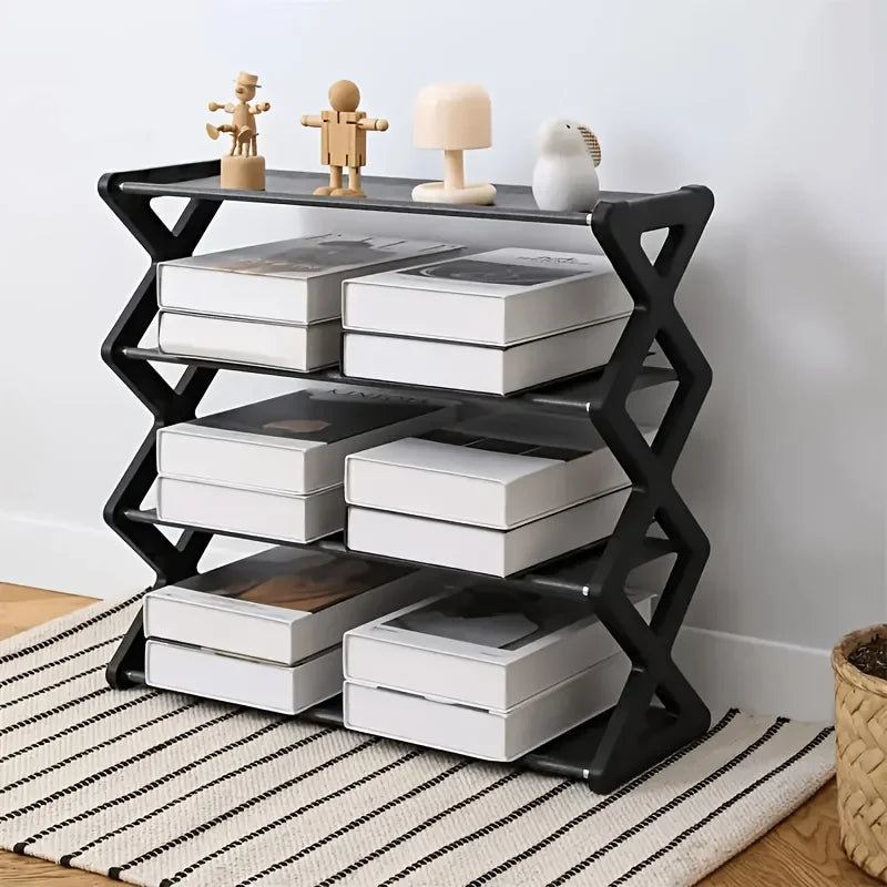 étagère chaussures noire moderne niveaux structure géométrique rangement facile salon porche