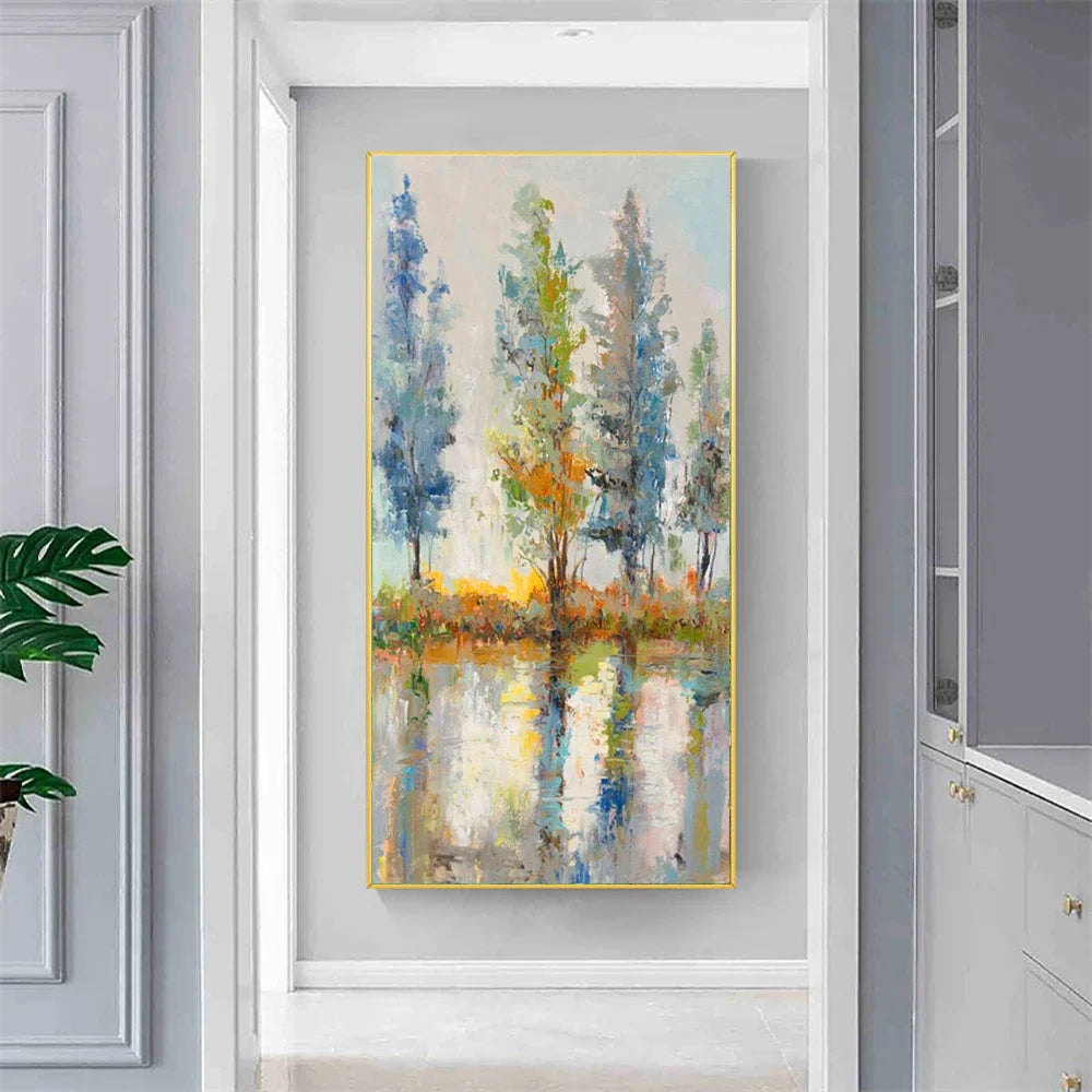 tableau abstrait paysage arbre bleu vert jaune blanc gris moderne sans cadre toile peinture
