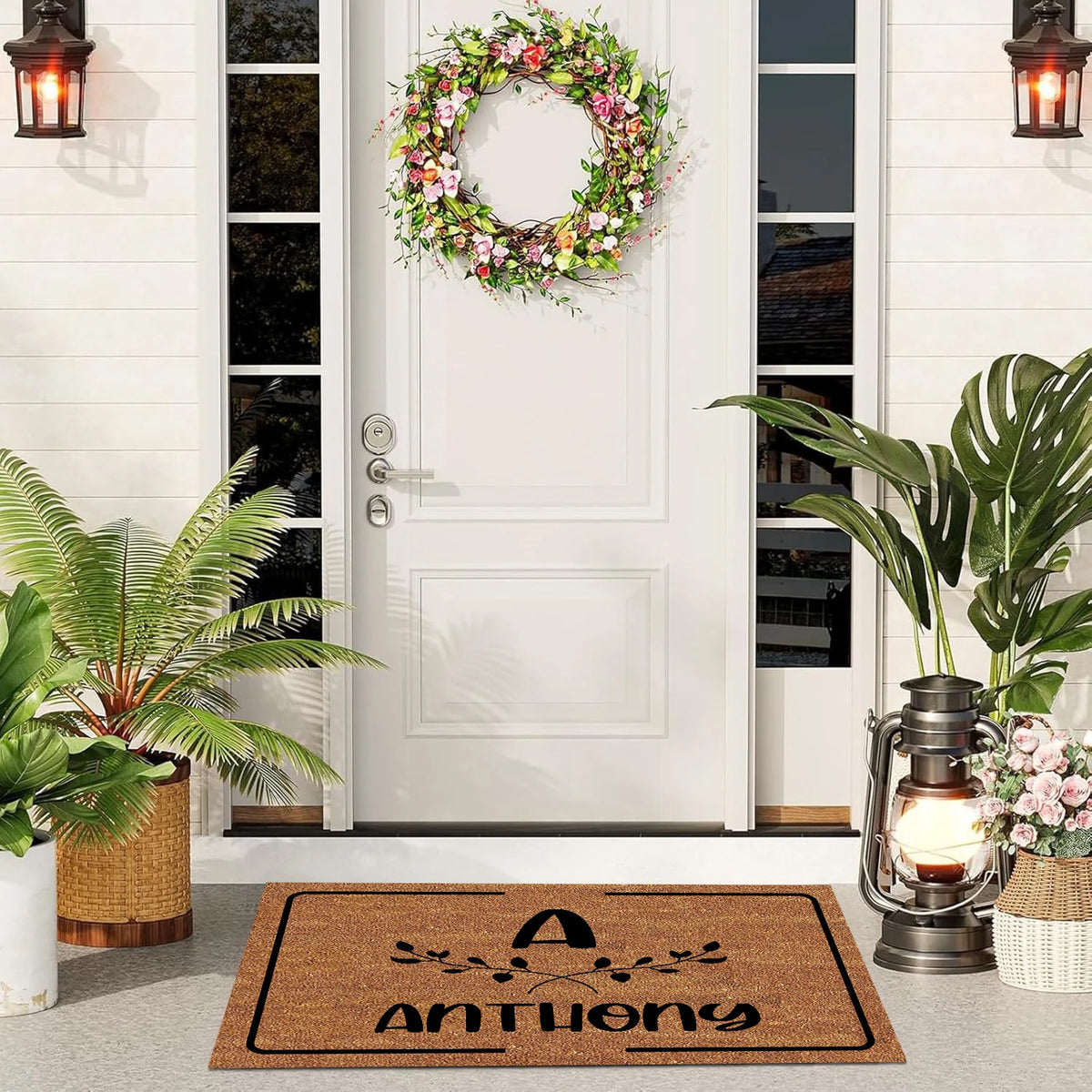 tapis d'entrée marron clair lettre feuilles stylisées texte ANTHONY moderne minimaliste