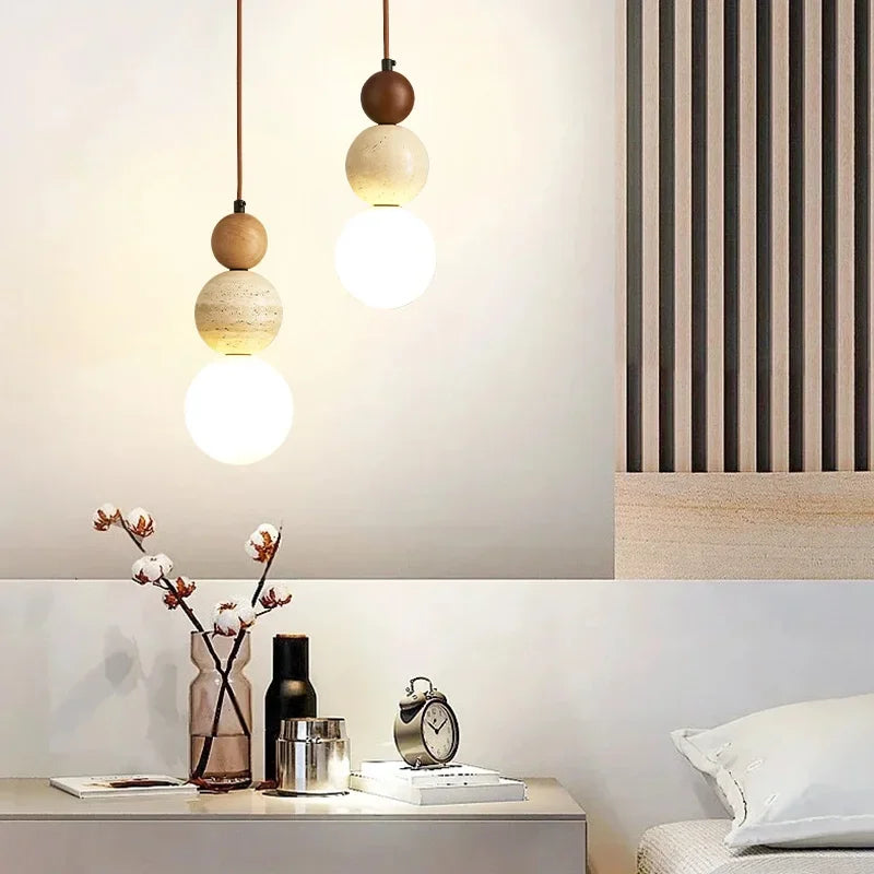 suspension lumineuse moderne pierre bois texture naturelle 3000K marron clair interrupteur bouton LED 90