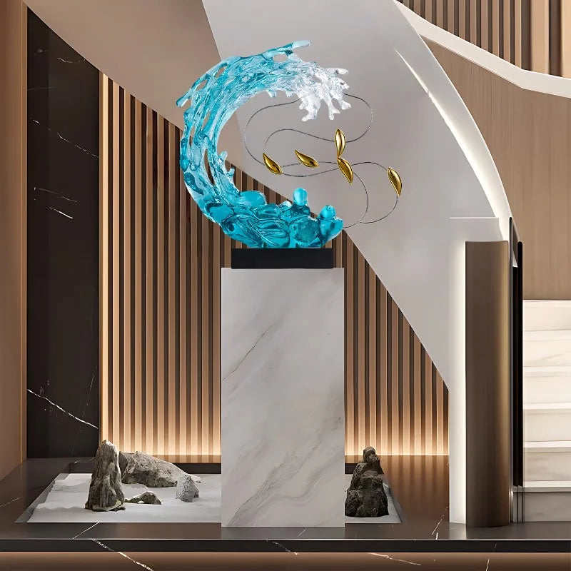 sculpture décorative moderne vague stylisée résine bleu turquoise contemporaine entrée salon