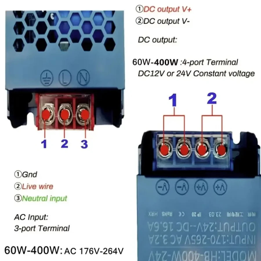 alimentation électrique 12v 24v 60w 100w 200w 300w 400w ultra fine bleue