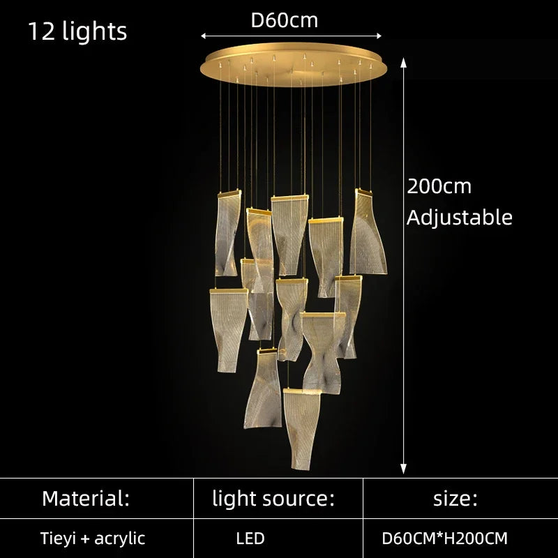 suspension lumineuse contemporaine dorée organique ondulée chaînes suspendues flux lumineux élevé certification rohs ul