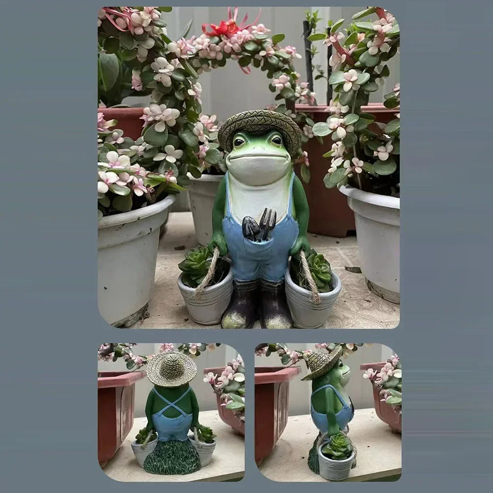 statue grenouille verte bleue jardin résine décorative pots fleurs outils pelle pioche chapeau succulentesintérieurextérieur